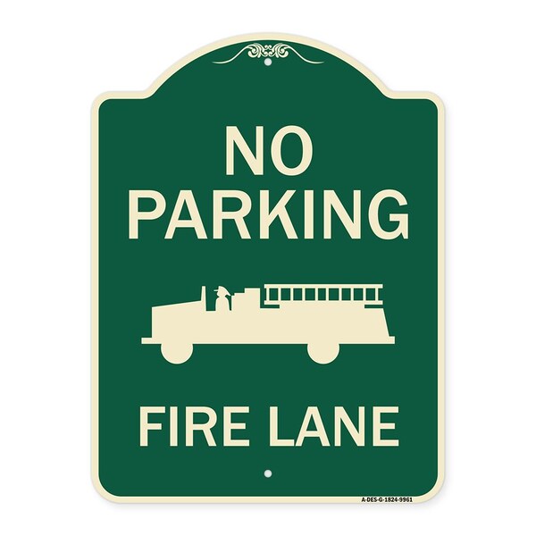 Designer Series-No Parking Fire Lane, Green Heavy-Gauge Aluminum, 24" x 18", G-1824-9961